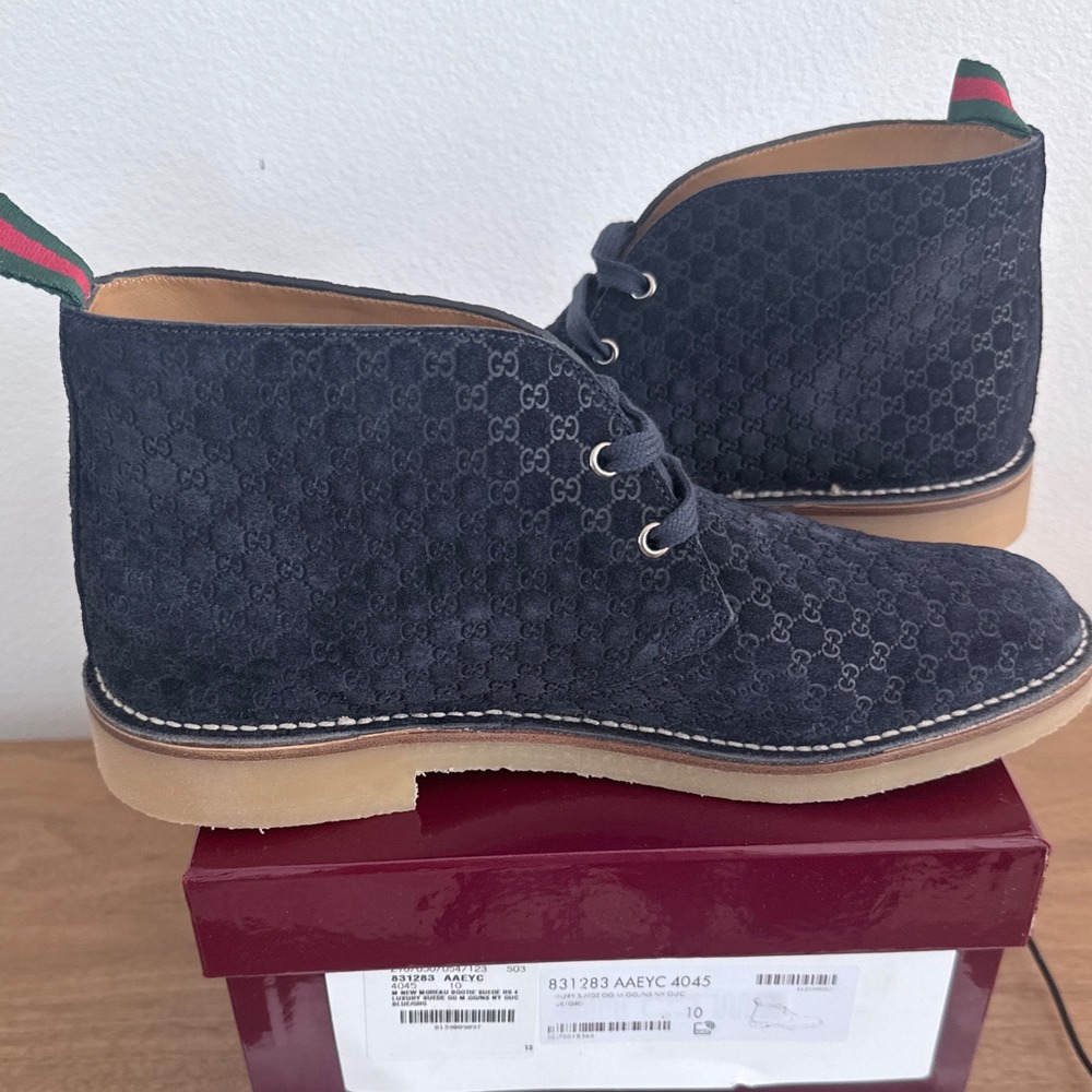 Gucci 831283 Moreau Navy Blue GG Monogram Suede Chukka Desert Boots Mens 10